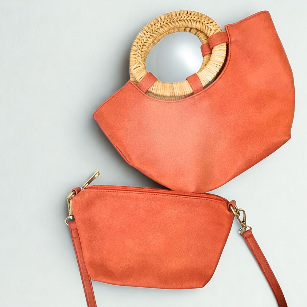 Anthropologie Bag in Bag Woven Straw Handle Crossbody Pouch Orange Terracotta